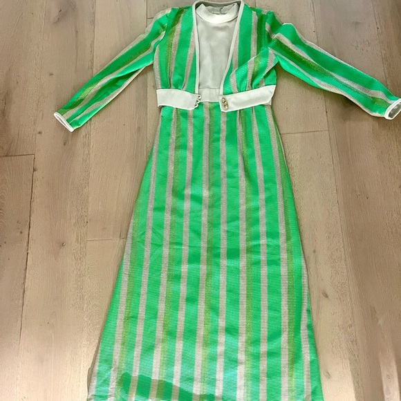 Dresses & Skirts - Vintage Elegant Green Striped Maxi Dress with Blazer